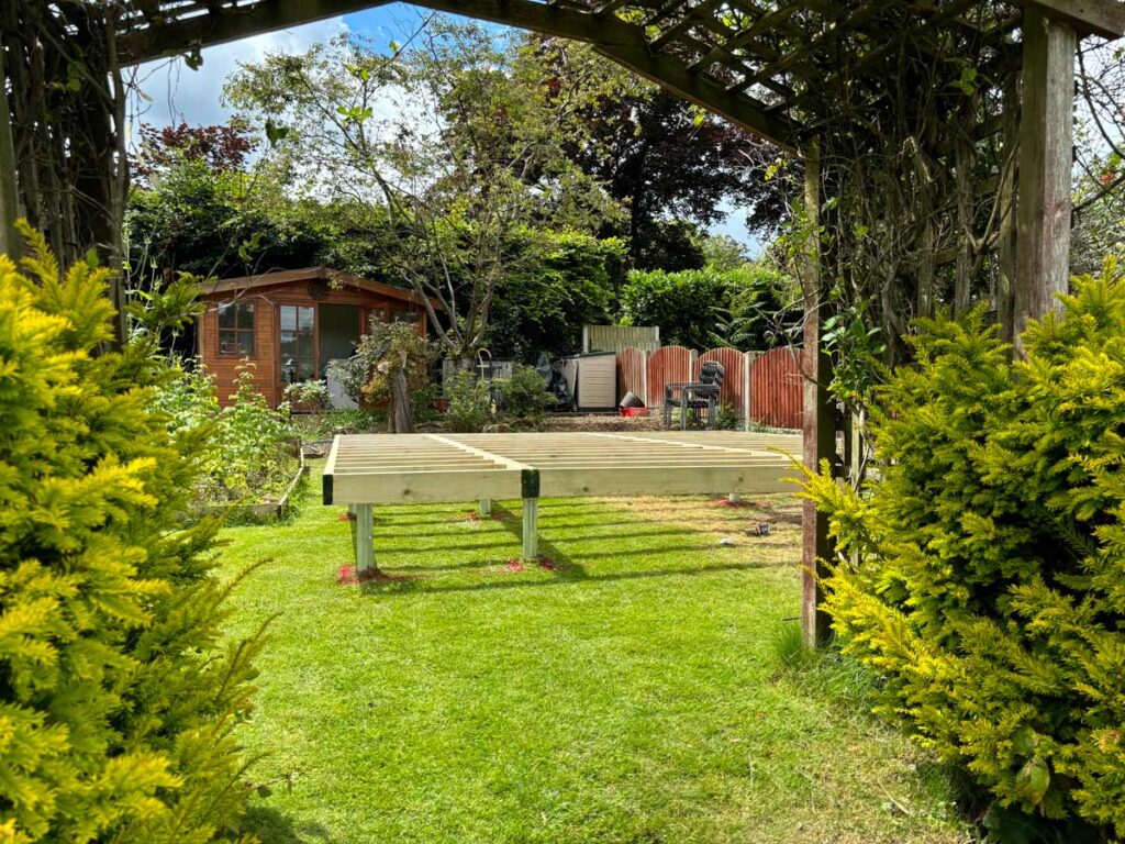 Completed ground screw base with timber frame ready for garden room installation